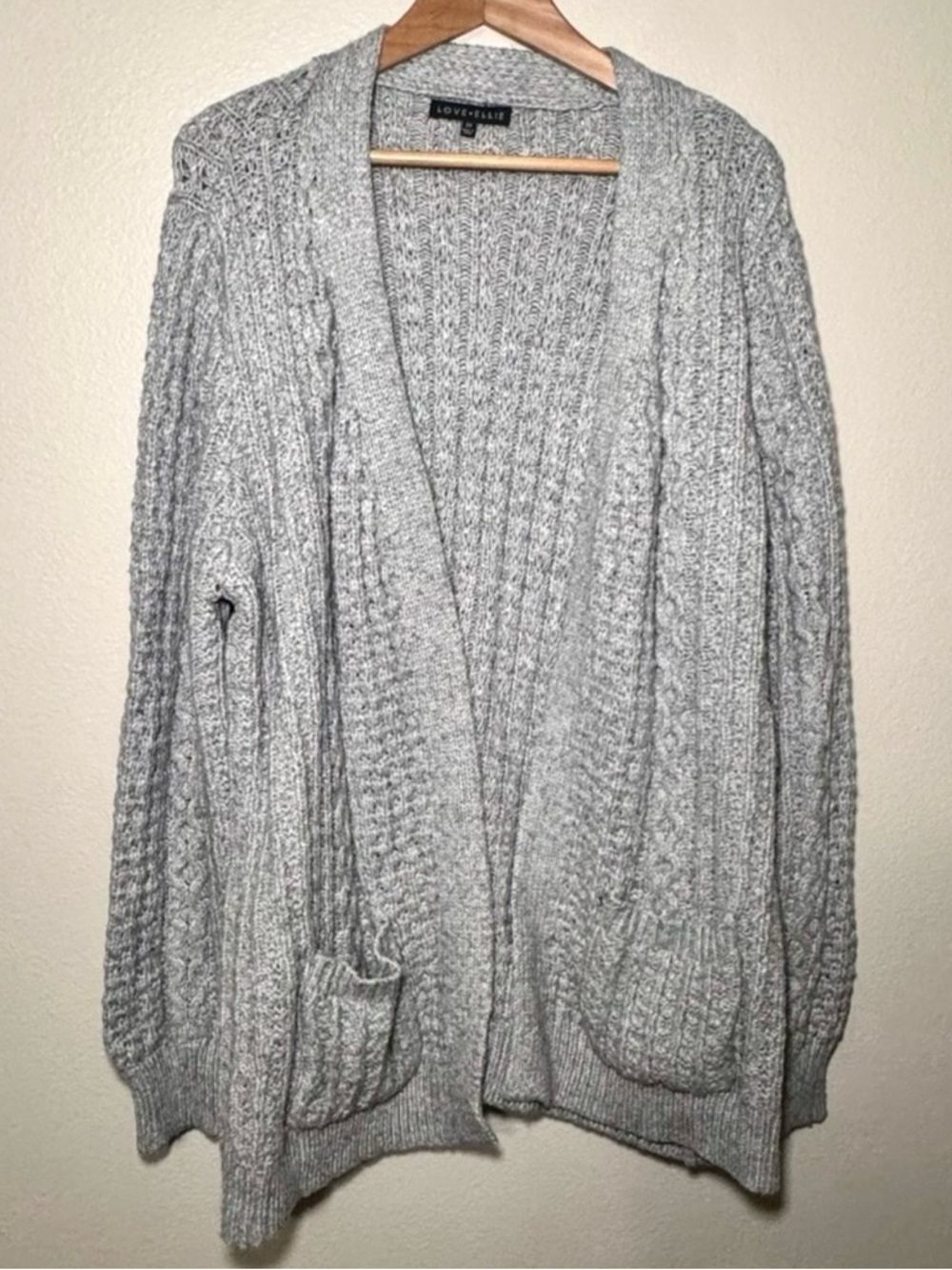 Love Ellie Cable Knit Cardigan 2X Gray Open Front Cozy Sweater Pockets